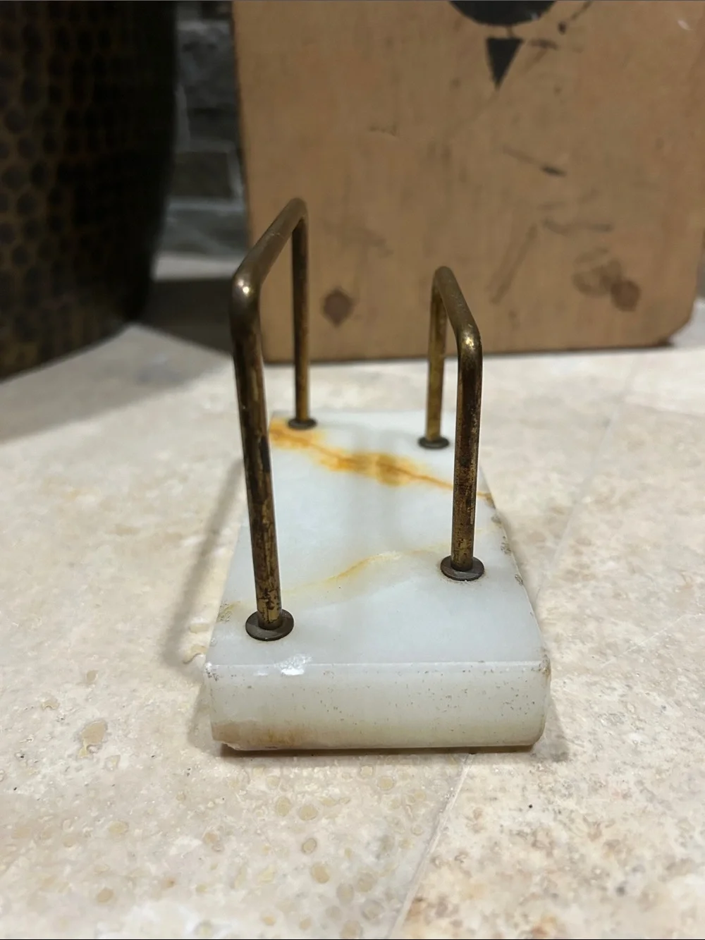 Vintage MCM white marble and brass double-arch letter holder